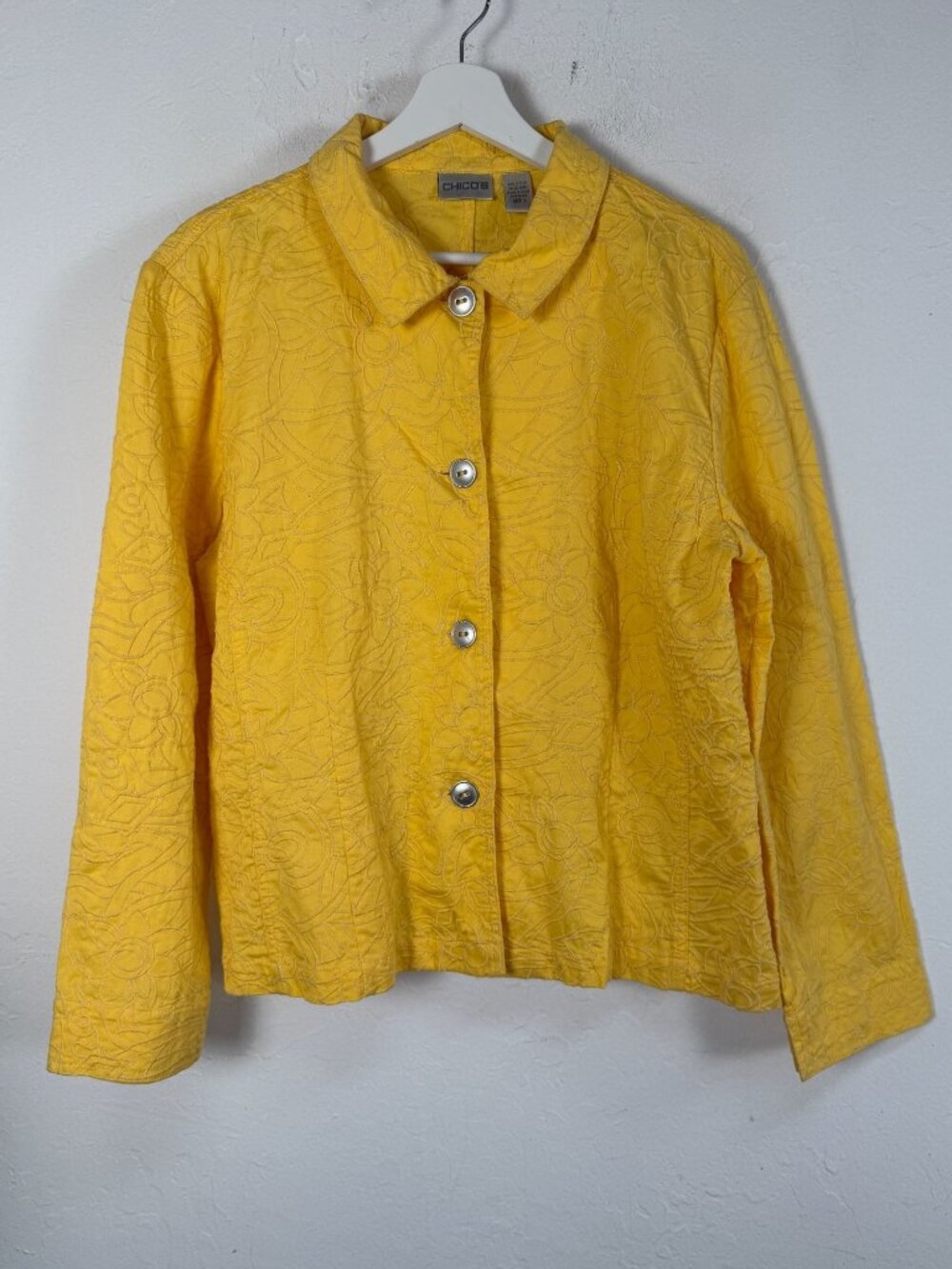 Chico's Womens Jacket Size 2 Yellow Embroidered Floral Button Front Cotton Blend